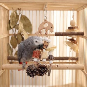 Puede incluir: Un loro gris en una jaula de madera, interactuando con un juguete colgante para pájaros. El juguete presenta un delfín de madera, cuentas blancas y varios elementos texturizados, incluyendo una piña. La jaula tiene un acabado de madera natural.