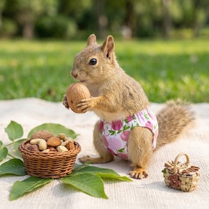 May include: A brown squirrel wearing a pink and white diaper with a fruit pattern, holding a walnut. A small wicker basket filled with nuts and a miniature picnic basket are nearby on a white blanket, with green leaves.
