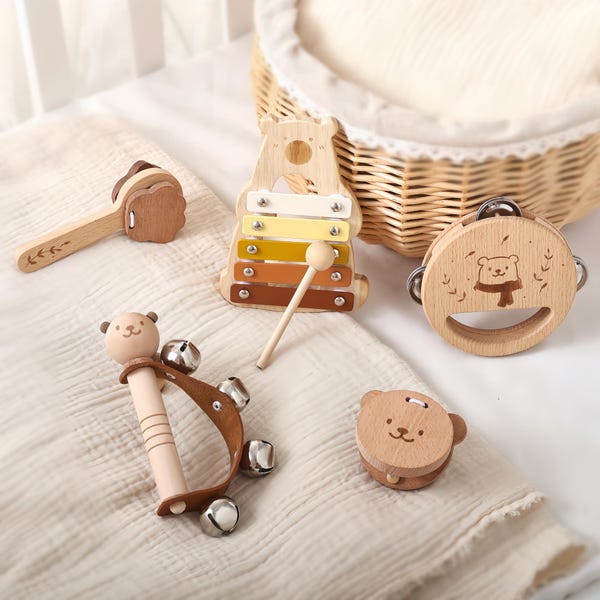 Personalisierte hölzerne Bär Instrument Set, individuell gravierte Kleinkind Xylophon Spielzeug, Montessori Percussion Kit, Baby-Dusche-Geschenk, Kind Sensory Spielzeug