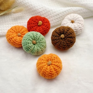May include: A collection of six small, round, crocheted pumpkins in various colors including orange, red, light green, brown, and white. Each pumpkin features a textured, ribbed surface and a small, light brown crocheted stem at the center.