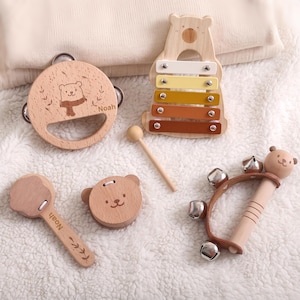 Personalized Wooden Bear Instrument Set, Custom Engraved Toddler Xylophone Toy, Montessori Percussion Kit, Baby Shower Gift, Kid Sensory Toy