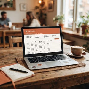 May include: A laptop displaying a Tip Tracker software interface with columns for date, day, shift, total tips, hours, and average tips. The screen shows financial data including weekly and monthly totals. A notebook, pen, and coffee cup sit nearby.