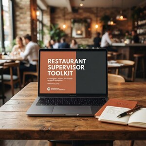 Puede incluir: Un ordenador portátil plateado que muestra en la pantalla el texto Restaurant Supervisor Toolkit, Essential guides, checklists, and templates for effective management, Version 4.0 | 2022, y Professional Hospitality Resources. Un cuaderno y un bolígrafo están cerca.