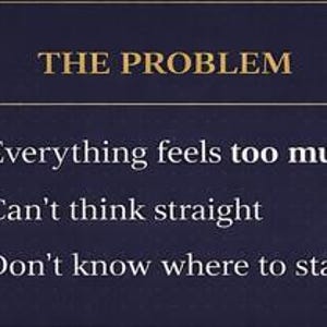 May include: Image with text: "THE PROBLEM" followed by three bullet points. The bullet points read: "Everything feels too much," "Can't think straight," and "Don't know where to start."