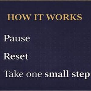 May include: A navy blue background with gold text that reads "HOW IT WORKS." Below the text are three bullet points with checkmarks: "Pause," "Reset," and "Take one small step."