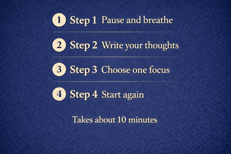 May include: A navy blue graphic with white text outlining a four-step process: Pause and breathe, Write your thoughts, Choose one focus, and Start again. The text indicates the process takes about 10 minutes. The steps are numbered 1 through 4.