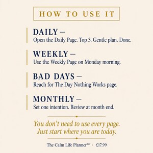 以下が含まれることがあります： 「HOW TO USE IT」というタイトルのクリーム色のグラフィック。毎日、毎週、悪い日、毎月の使用方法が記載されています。テキストは、ユーザーが現在の場所から始めることを推奨しています。The Calm Life Planner&trade;について言及されています。