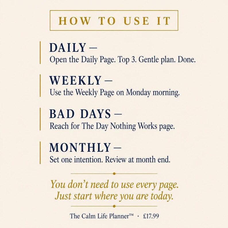 以下が含まれることがあります： 「HOW TO USE IT」というタイトルのクリーム色のグラフィック。毎日、毎週、悪い日、毎月の使用方法が記載されています。テキストは、ユーザーが現在の場所から始めることを推奨しています。The Calm Life Planner&trade;について言及されています。