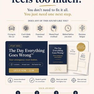 May include: A promotional graphic with the text "Everything feels too much?" and "The Day Everything Goes Wrong" book cover. The image includes icons representing common stressors and a step-by-step guide to manage them. The color scheme is navy blue and white.