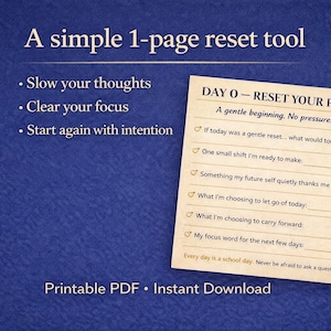 May include: A blue background with white text that reads "A simple 1-page reset tool." A notepad with prompts for self-reflection is on the right. The text "Printable PDF &bull; Instant Download" is at the bottom.