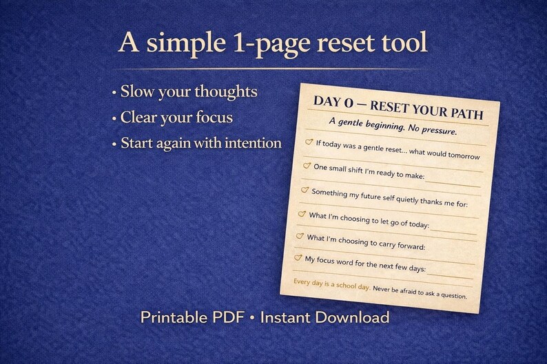 May include: A blue background with white text that reads "A simple 1-page reset tool." A notepad with prompts for self-reflection is on the right. The text "Printable PDF &bull; Instant Download" is at the bottom.