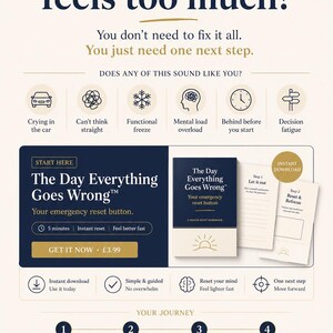以下が含まれることがあります： 「Everything feels too much?」というテキストと「The Day Everything Goes Wrong」というタイトルの本の表紙が特徴のプロモーション画像。一般的なストレス要因を表すアイコンと、それらを管理するためのステップバイステップガイドが含まれています。