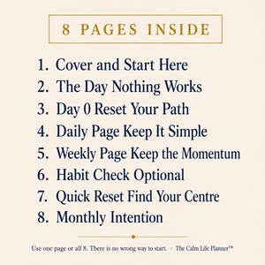 以下が含まれることがあります： 上部に「8 PAGES INSIDE」というテキストが書かれたクリーム色のページ。下には、「Cover and Start Here」や「Monthly Intention」など、プランナーの内容を詳しく説明する番号付きのセクションがあります。下部には「Use one page or all 8. There is no wrong way to start.」と書かれています。