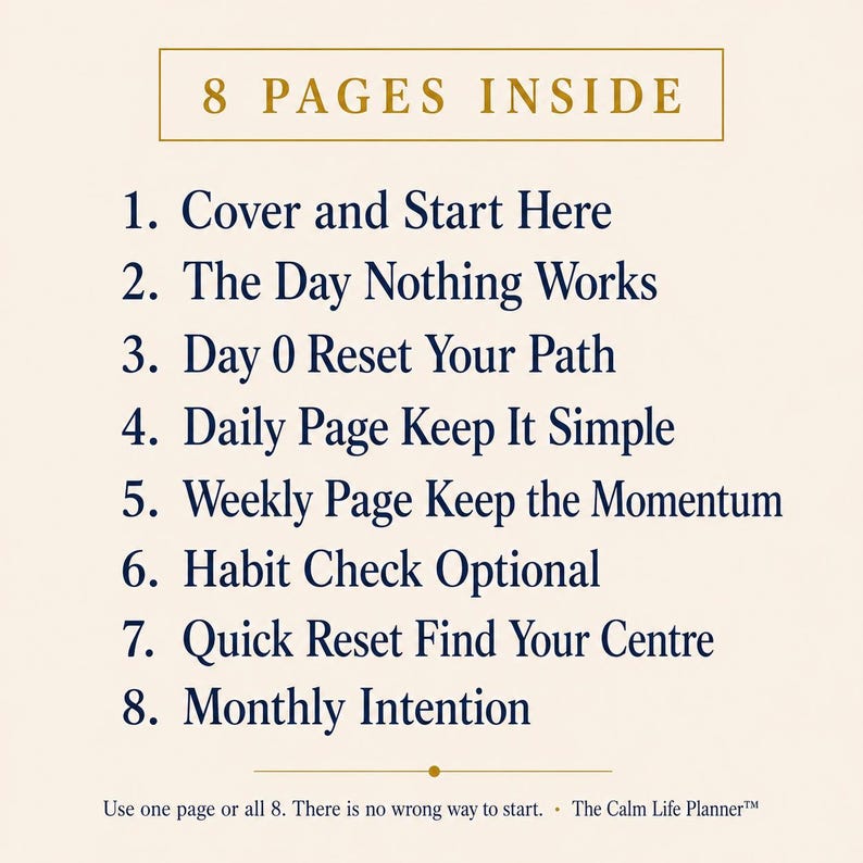 以下が含まれることがあります： 上部に「8 PAGES INSIDE」というテキストが書かれたクリーム色のページ。下には、「Cover and Start Here」や「Monthly Intention」など、プランナーの内容を詳しく説明する番号付きのセクションがあります。下部には「Use one page or all 8. There is no wrong way to start.」と書かれています。