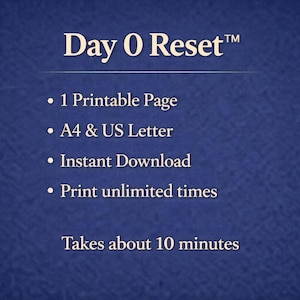 May include: A navy blue graphic with the text "Day 0 Reset" and bullet points listing features: 1 Printable Page, A4 & US Letter, Instant Download, and Print unlimited times. The text "Takes about 10 minutes" is also included.