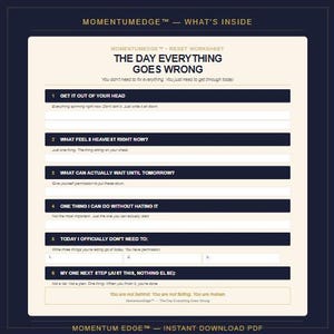 May include: A digital worksheet titled "The Day Everything Goes Wrong" with prompts to help manage stress. The worksheet has a white background with dark blue text and headings. The text includes phrases like "Get it out of your head" and "One thing I can do without hating it."