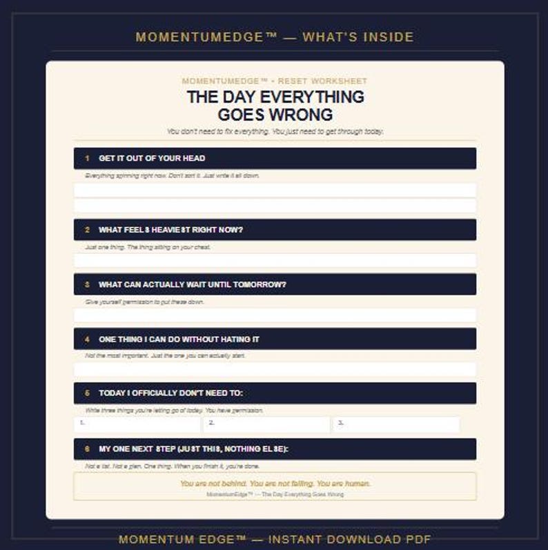 May include: A digital worksheet titled "The Day Everything Goes Wrong" with prompts to help manage stress. The worksheet has a white background with dark blue text and headings. The text includes phrases like "Get it out of your head" and "One thing I can do without hating it."