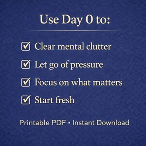 May include: A navy blue background with white text that reads "Use Day 0 to: Clear mental clutter, Let go of pressure, Focus on what matters, Start fresh." The text "Printable PDF &bull; Instant Download" is at the bottom.