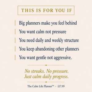 以下が含まれることがあります： クリーム色の背景にテキスト。「THIS IS FOR YOU IF」と書かれ、計画に関する箇条書きが続きます。その下に「No streaks. No pressure. Just calm daily progress.」と書かれています。