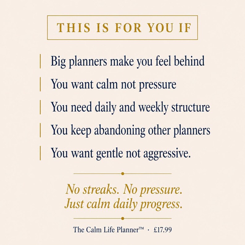 以下が含まれることがあります： クリーム色の背景にテキスト。「THIS IS FOR YOU IF」と書かれ、計画に関する箇条書きが続きます。その下に「No streaks. No pressure. Just calm daily progress.」と書かれています。