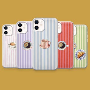 May include: A collection of phone cases with vertical striped patterns in various colors, including pink, purple, blue, red, and green. Each case features a different illustration of coffee or a pastry, such as a croissant.