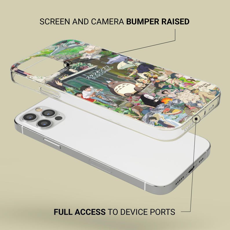 Puede incluir: Funda transparente para tel&eacute;fono con una colorida ilustraci&oacute;n de personajes de la pel&iacute;cula de animaci&oacute;n "Mi Vecino Totoro". La funda protege la pantalla y la c&aacute;mara con un parachoques elevado y permite el acceso a los puertos.
