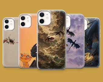 May include: Five clear smartphone cases featuring dragon-themed artwork. Designs include a hand reaching toward smoke, two small dragons, dragons flying through dark clouds, silhouettes of dragons in a purple sky, and a large dark dragon with a small creature.