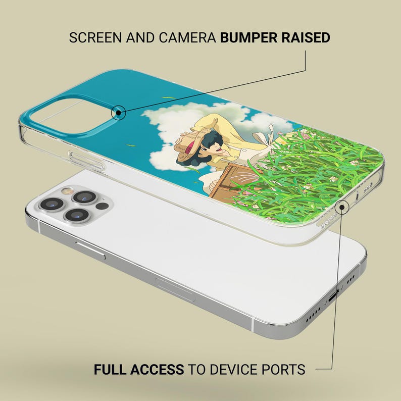 May include: A clear phone case with a colorful illustration of a person in a yellow outfit lying in a field of green grass. The case has a blue sky background and the text "SCREEN AND CAMERA BUMPER RAISED" and "FULL ACCESS TO DEVICE PORTS".
