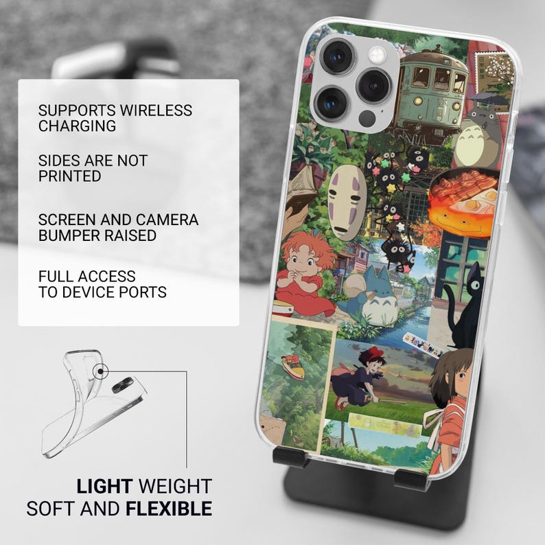 Puede incluir: Funda transparente para tel&eacute;fono con un collage de personajes de anime coloridos. La funda est&aacute; sobre un soporte negro. El texto en la funda dice: "SUPPORTS WIRELESS CHARGING", "SIDES ARE NOT PRINTED", "SCREEN AND CAMERA BUMPER RAISED", "FULL ACCESS TO DEVICE PORTS", "LIGHT WEIGHT SOFT AND FLEXIBLE".