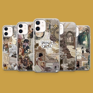 May include: A collection of five phone cases with a collage design. The cases feature illustrations, text, and a vintage aesthetic. The text "PRINCE CRUEL" is visible on one case. The cases have a variety of colors, including beige, brown, and white.