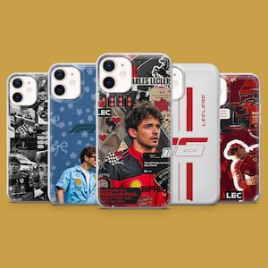 May include: Five phone cases with racing designs. The cases showcase images of a race car driver, racing cars, and racing graphics. The color palette includes red, white, black, and blue. The text "ARLES LECLER" is visible.