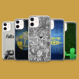 Könnte beinhalten: Fünf Handyhüllen mit Designs aus dem Spiel Fallout. Die Hüllen zeigen Vault Boy, das Fallout-Logo und andere Grafiken in verschiedenen Farben und Stilen. Für ein Mobiltelefon.