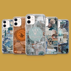 May include: Five phone cases with distinct designs are displayed. The cases showcase diverse graphics, such as a trident, text, and collage elements. The colour scheme incorporates blue, brown, and white, producing an attractive visual effect. The cases are designed for a smartphone.