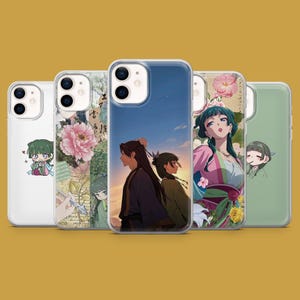May include: A collection of five phone cases with various anime-style illustrations. The cases feature designs with characters, floral patterns, and scenic backgrounds. The cases are in a row against a yellow background.
