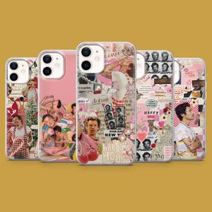 May include: Five phone cases with different designs, featuring images of a singer, collages, and text. The colour scheme includes pink, white, and red. The cases are arranged in a row against a yellow background.