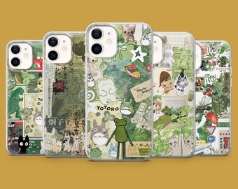 Funda para teléfono con collage verde de tablero de estado de ánimo japonés para iPhone 17, 17Pro, 16, 15, 14, 13, 12, Samsung S26, S25, S24, S23, A16, Pixel 10A, 9A