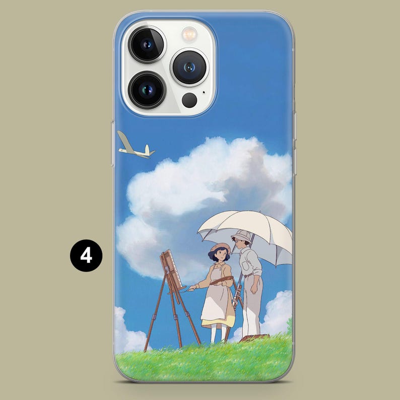 May include: A blue iPhone case featuring a scene with two people under an umbrella, a person painting on an easel, and a plane flying in a blue sky with clouds. The case has a clear border.