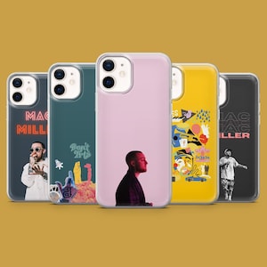 Peut inclure: Cinq coques de téléphone avec différents designs. Les coques présentent des images d'un musicien, des pochettes d'album et du texte. Les coques sont de couleur rose, jaune, sarcelle et noir. Les coques sont conçues pour s'adapter à un smartphone.