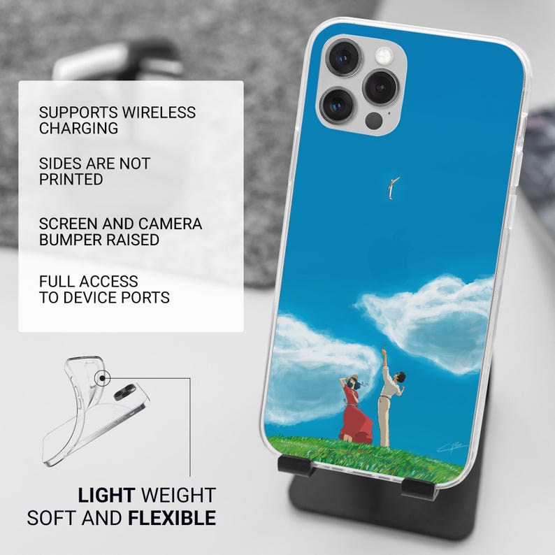 May include: A clear phone case with a blue sky design featuring two figures on a grassy hill. The case has a raised screen and camera bumper, supports wireless charging, and is lightweight and flexible. Text on the image reads: Supports Wireless Charging, Sides Are Not Printed.