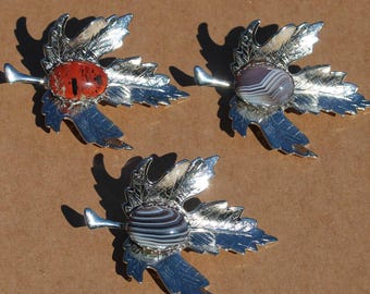 Leaf Silver Plated Brooch with 13x18mm Gemstone