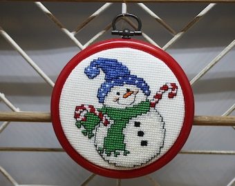 Cross-Stitched Snowman Ornament, Aida Cloth Hoop Frame