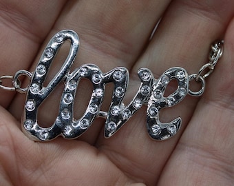 Silver Plated "Love" Necklace with rhinestones - Item 1925