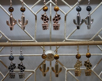 Cactus Earrings: Gemstone Bead, Plated Dangle Earrings