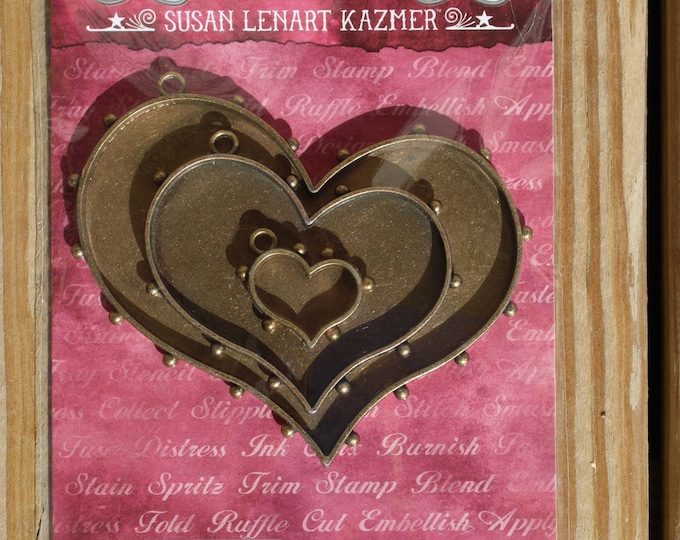 Spellbinders Hobnail Hearts Bezels – Antique Bronze Tone Pendant Findings (3 Pack)