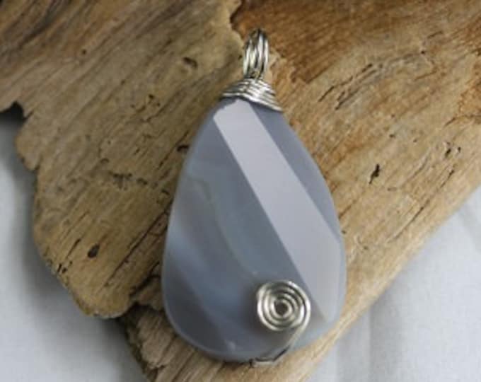 Gray Agate Faceted Nugget Wire Wrapped Pendant - Item 1805