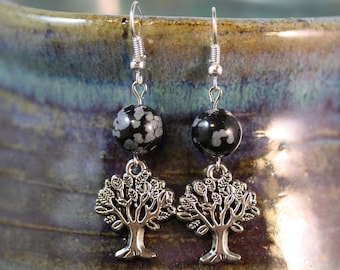 Snowflake Obsidian Tree Earrings - Item 2224