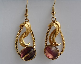 Gold Leaf Swirl Rainbow Fluorite Earrings - Item 1614