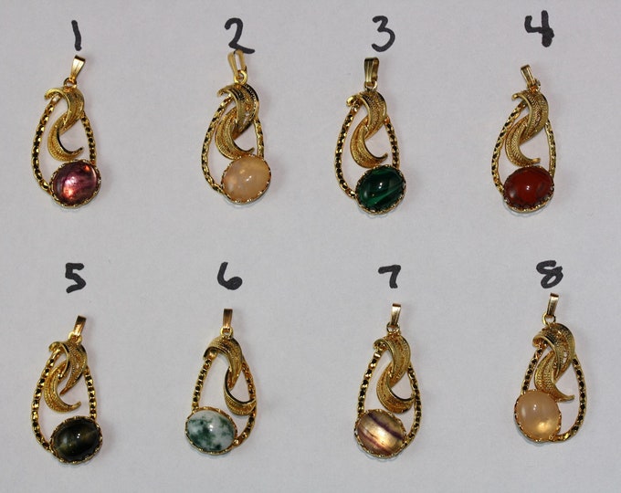 Leaf Swirl Pendant - Gold Plated with 10x12mm Gemstone Cabochon