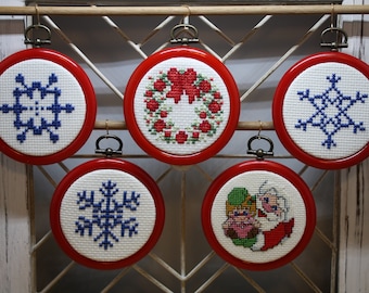 Cross-Stitched Christmas Ornaments, Aida Cloth in Flexi-Hoop Frame