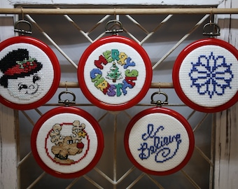 Cross-Stitched Christmas Ornaments, Aida Cloth in Flexi-Hoop Frame